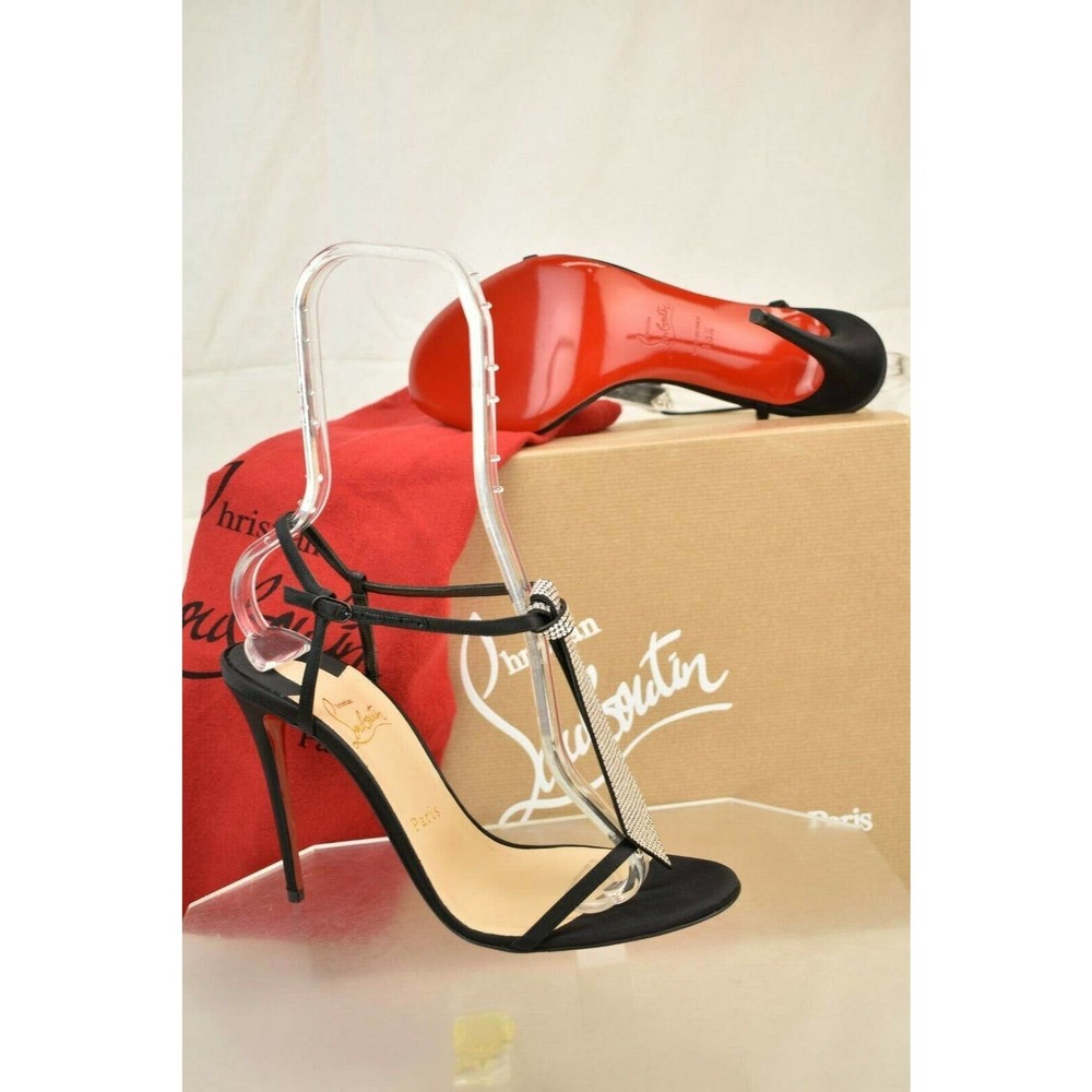 NIB LOUBOUTIN T CAB 100 BLACK CREPE SATIN JEWELED TIE ANKLE STRAP PUMPS 40.5 - Picture 10 of 12